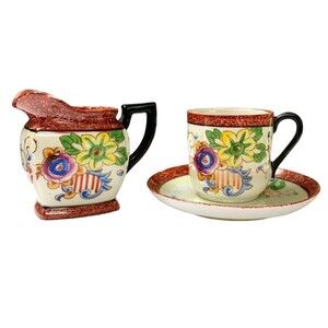 Handpainted Lustreware Cup Saucer Creamer Made in Japan Orange Rim Floral Vtg